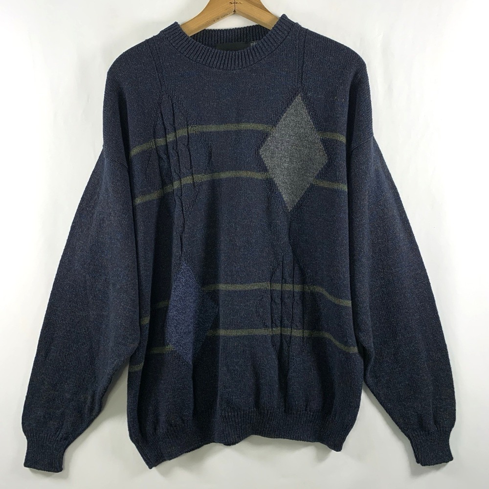 VTG Mens Slouchy Geometric Hand Framed Crew Neck Sweater XL Marl Knit Preppy USA